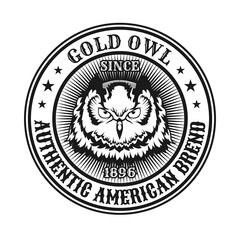 Stylish badge with head of owl vector illustration. Monochrome round label with portrait of night bird isolated on white background. Branding and animals concept can be used for retro template