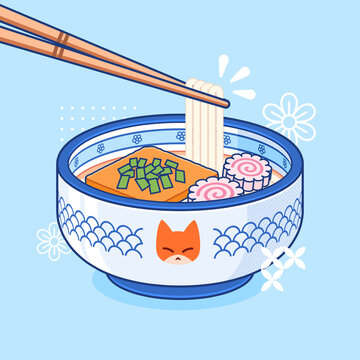 cute japanese kitsune udon in blue fox bowl