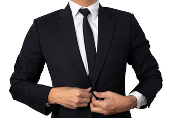 Modern businessman. A man in a business suit fastens the buttons of his  sleeve isolated on white background, with clipping path. Confidential Businessman Concept portriat.