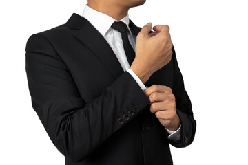 Modern. A man in a business suit fastens the buttons of his  sleeve isolated on white background, with clipping path. Confidential Businessman Concept portriat. 