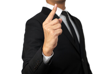 Modern businessman. A man in a business suit pointing one finger up isolated on white background, with clipping path. Confidential Businessman Concept portriat.