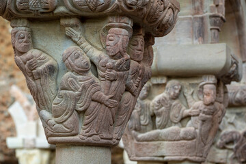 Martha pleading with Christ - the forgiveness of the adulterous woman, romanic cloister, Royal Monastery of San Juan de la Peña, Botaya, Huesca, Aragon, Spain