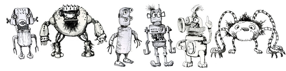 Fototapeta na wymiar Team of robots. Vintage toys. Ink drawing. 
