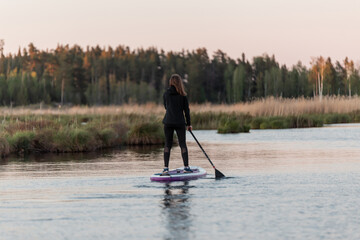 Young athletic woman doing SUP stand up paddle boarding at sunset in lake or swamp. Summer evening activity