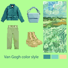 Van Gogh color style fashion pixel clothes set: pants, jacket, bag, boots