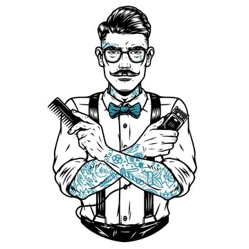 Mustached stylish barber in eyeglasses