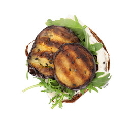 Delicious fresh eggplant sandwich isolated on white, top view