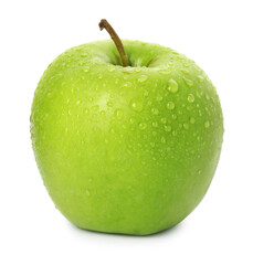Fresh ripe green apple with water drops isolated on white