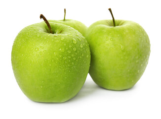 Fresh ripe green apples with water drops isolated on white