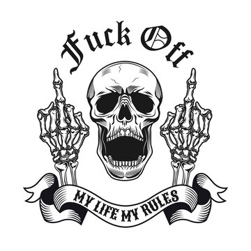 Creative fuck off gesture emblem. Monochrome design element with human skull showing middle finger and text. Nonconformist concept for tattoo, stamp, print template