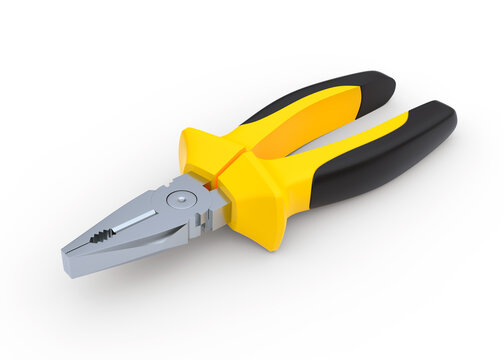 Yellow-black pliers isolated on white background. Repair and installation tool. 3d render illustration
