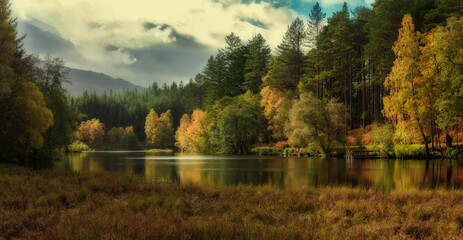 Fototapeta Autumn woods on a lake in the mountains obraz