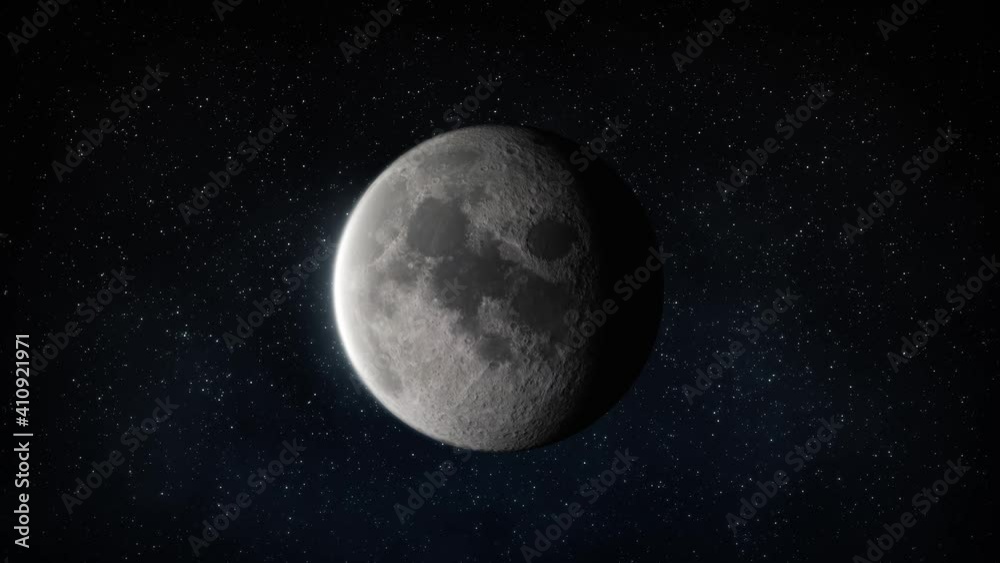 Wall mural moon front view close up zoom in starry space background black and white animation