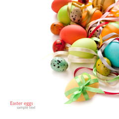 Colorful Easter Eggs with ribbon on the white background