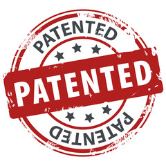 Patented text on round rubber stamp icon isolated on white background. Patented symbol.