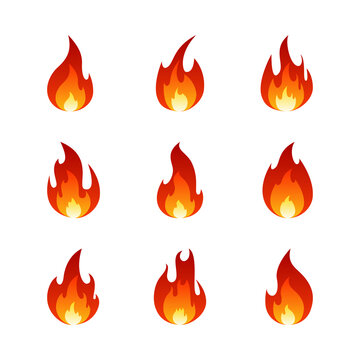 Fire flame cartoon set. Collection of hot flaming element. Vector flat illustration