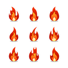 Fire flame cartoon set. Collection of hot flaming element. Vector flat illustration