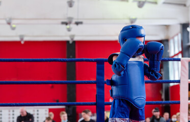 boxer in the ring. Boxer in full gear. Children's sports. Thai boxing. Boxing competition. Hand protection.