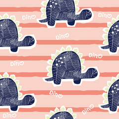 Childish seamless pattern with cute dinosaurs on pink background. Vector hand drawn illustration.