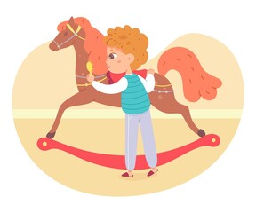 Boy playing with horse toy at home. Little child caring for animal game indoor vector illustration. Hapy kid playtime with toy, brushing mane. Living room interior background