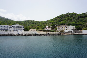 Fototapeta na wymiar the view from the ferry at the port of Mandraki, Nisyros Island, Greece, May