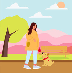 A girl walks with a dog in a spring park in the forest, a dog on a leash, walking pets. Trend flat illustration