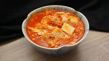 Soft tofu soup with shrimp and mushroom, Korean style 