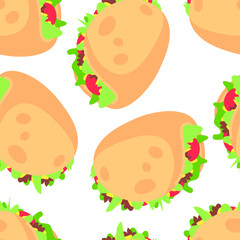 Hand Drawn Cartoon Illustration Tacos. Fast Food Vector Seamless Pattern. Tasty Image Meal. Flat Style Collection Mexican cuisine