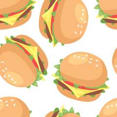 Hand Drawn Cartoon Illustration Burger. Fast Food Vector Drawing. Tasty Image Meal. Flat Style Collection