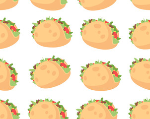 Hand Drawn Cartoon Illustration Tacos. Fast Food Vector Seamless Pattern. Tasty Image Meal. Flat Style Collection Mexican cuisine