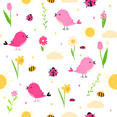 Spring pattern with birds and flowers. Hand drawn flat cartoon elements. Vector illustration