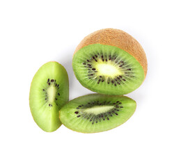 Cut fresh ripe kiwi on white background, top view
