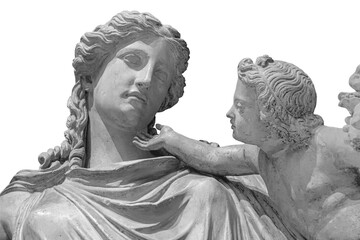 Antique statue of Eirene with the infant Ploutos isolated on white background. Goddess of Peace beautiful young woman carrying a cornucopia