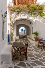 Fototapeta na wymiar Traditional alley with whitewashed houses and a bougainvillea during winter time in Prodromos Paros island