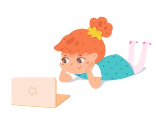 Kid lying on floor watching at laptop. Little girl looking at computer. Child with mobile device vector illustration. Indoor fun activities with electronics