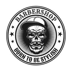 Vintage vector illustration of stylish hipster skull. Monochrome emblem with bearded dead head in glasses and cap on white background. Hipster lifestyle concept can be used for retro template