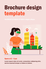 Female architect engineer building 3d city model in digital glasses flat vector illustration. Cartoon character modeling office houses on table via VR. Construction and headset vision concept
