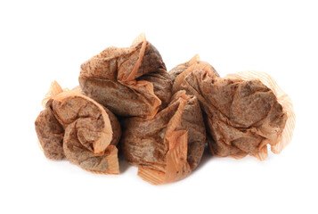 Many used tea bags on white background