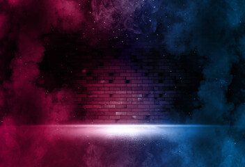 Searchlight on neon brick wall with smoke. Neon reflections on wet asphalt. Empty scene with copy space.