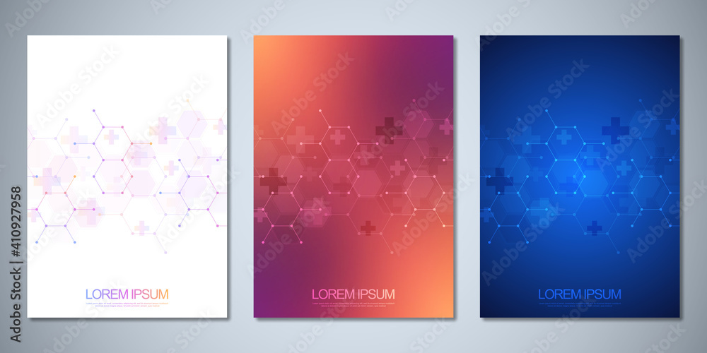 Poster template brochure or cover book, page layout, flyer design with abstract hexagons pattern and crosse