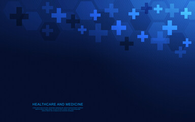 Healthcare medical background with crosses and hexagons pattern. Vector illustration for health care and medicine design, pharmaceutical manufacturing, and industry.