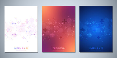 Template brochure or cover book, page layout, flyer design with abstract hexagons pattern and crosses. Concept and idea for health care and medicine design, pharmaceutical manufacturing, and industry.