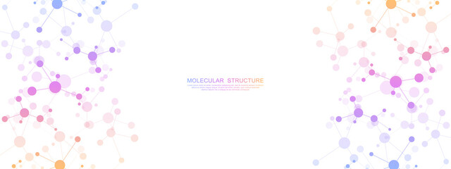 Vector illustration of molecular structure and genetic engineering, molecules DNA, neural network, scientific research. Abstract background for innovation technology, science, healthcare, and medicine