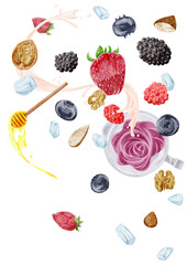ミックスベリースムージーの材料手描き水彩風イラスト
