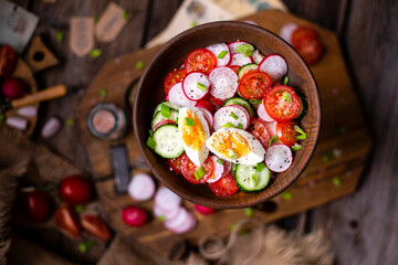 tasty spring salad with round sliced tomatoes, cucumber, radish, boiled eggs, herbs in wooden bowl on rustic table