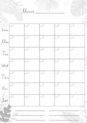Printable A4 paper sheet with monthly planner blank to fill on background with tropical leaves. Minimalist planner for bullet journal page, habit tracker, daily planner template, blank for notebook.