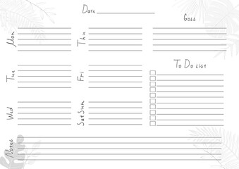 Printable A4 paper sheet with weekly planner blank to fill on background with tropical leaves. Minimalist planner for bullet journal page, habit tracker, daily planner template, blank for notebook.