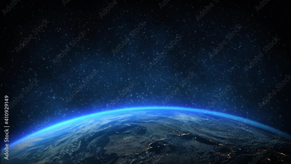 Wall mural animation zoom in of earth planet, world, globe view from above . blue space starry in background