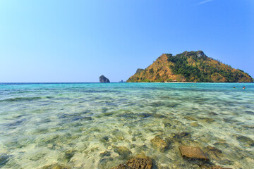 Clear water and blue sky. Sea beach in Krabi province Thailand