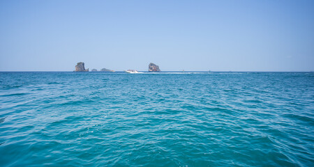Clear water and blue sky. Speed boat Sea beach in Krabi province Thailand